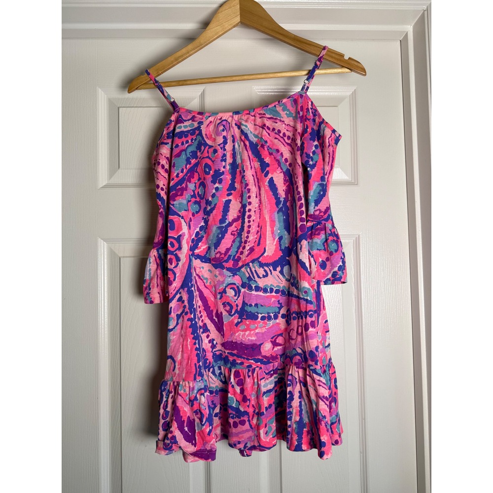 Lilly Pulitzer Cold Shoulder Dress Womens Pink Purple Paisley Ruffle Flounce